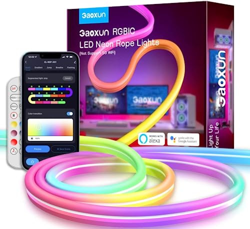 Gaoxun Neon LED Strip 3m, RGBIC Neon LED Streifen mit WiFi App-Steuerung, Wasserdicht IP65, DIY-Funktion, Musik Sync, funktioniert mit Alexa und Google Assistant, Dimmbar Lichtband für Wand Deko