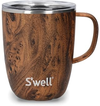 S'well Mug with Handle, Teakwood, 350ml. Vacuum Insulated Stainless Steel Travel Mug with Handle, On-The-Go Travel Cup with Slide-Open Lid - Dishwasher Safe, Brown