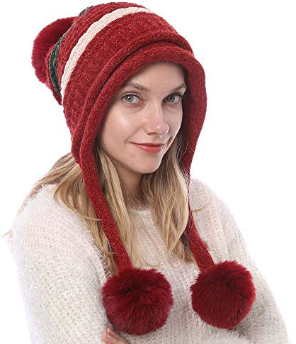 Kangqifen Damen Winter Gestreifte Fleece Gefüttert Warme Strickmütze Bommelmütz Gestrickte Mütze mit Ohrenklappen 3 Pompon