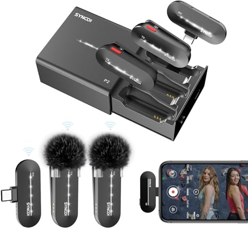 SYNCO Kabelloses Lavalier Mikrofon für iPhone 15/16/17 & Android, P2ST Mikrofone Handy Typ-C mit Ladekoffer Plug and Play für USB-C Smartphone Tablet, Mikrofon-Lavalier-Kabellos-Handy-Android
