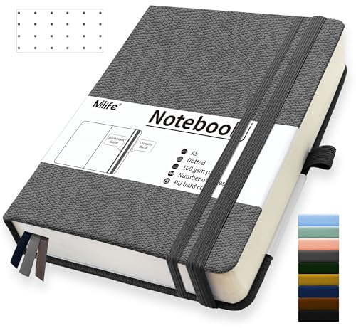 Mlife A5 Dotted Journal Notizbuch,360 Seiten Und 100g/M² Tintenfestes Papier,Hardcover Collegeblock Notizblock,Notizbücher Mit Falttasche Für Büro Schule Zuhause Schreiben&Notizen(Grey)