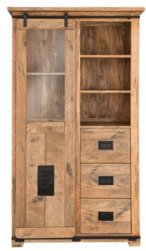 MR. DEKO Vitrine Florenz Mango Holz | Vitrinenschrank mit Glas & Schiebetür | Bücherregal im Retro Stil | Schubladenschrank für Wohnzimmer Esszimmer Flur | Massives Sideboard Highboard 100x45x175cm