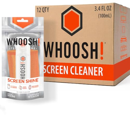 WHOOSH! Set di 12 detergenti spray e pulisci schermo da 100,5 ml + 1 panno in microfibra – Pulitore elettronico da viaggio per auto, computer, laptop, iPad, MacBook, telefono, occhiali – Kit per la
