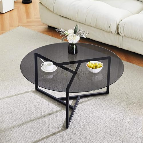 TUKAILAi Round Coffee Table for Living Room, Black Glass Coffee Table with Metal Frame Modern Side End Table for Home Office