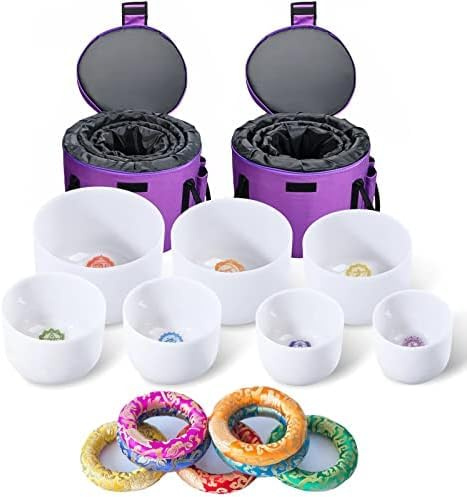 Kristall-Klangschalen-Set – Weiße Chakra-Serie, 15,2–30,5 Cm Großes Set Mit 7 Stück, 2 Stück Tragetasche, 7 X Farbiger Gummihammer, 7 X Seidenbrokat-Kissen, Geschenk Für Yoga, Meditation, Zen,Bonn