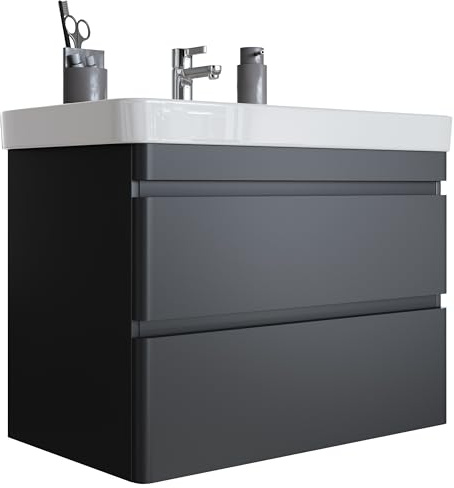 Newroom Waschtisch mit Unterschrank Anthrazit hängend inkl. Waschbecken | grifflos, 2 Schubladen, Badmöbel modern, Badezimmermöbel, Badezimmer Unterschrank, für kleine Bäder