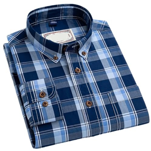 Adhdyuud Camicie da uomo casual 100% cotone a quadri primavera business a maniche lunghe camicia classica a quadretti morbida, L