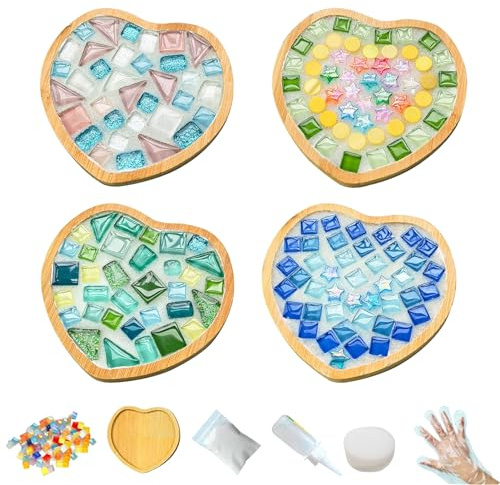 Pasdrucn 4 Stück DIY-Mosaik-Untersetzer-Set, Mosaik Untersetzer Bastelbedarf, Mosaik Bastelset Kinder Erwachsene, Porzellan-Mosaik -Kit Für Die Herstellung Von Untersetzern (Herzförmig)