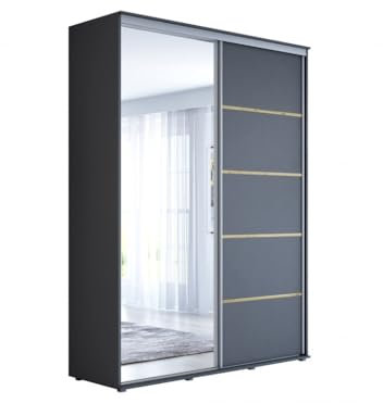 Meble Slupia - Garderobenschrank - Kleiderschrank mit Spiegel und Schiebetüren - B 200 x H 242 x T 61 cm - Kleider Schrank Schlafzimmer - mit Kleiderstange - Maja ALU Anthrazit