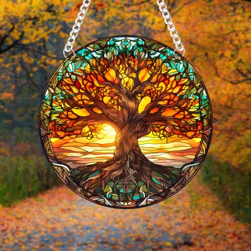 DRWSSR Baum des Lebens, Buntglas-Sonnenfänger, Natur, rund, große Bäume und Sonnenuntergang, Sonnenfänger, hängende Dekoration mit Metallkette, Sonnenfänger für Fenster, Outdoor, Garten, Dekoration,