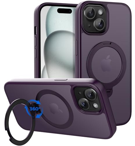 CACOE Magnetic Case for iPhone 15 6.1 inch with 360 Rotatable Ring Stand, Compatible with MagSafe Car Phone Mount, iPhone 15 Cases Cover Phone Holder for Desk Meeting/Videos Dark Purple