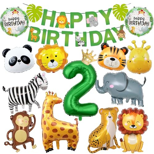 Waldtiere Deko 2. Geburtstag Ballons Kinder - 29 Stück Dschungel Geburtstagsdeko Happy Birthday Banner und Luftballons, Zebra Giraffe Tier Folienballon für Kindergeburtstag Dekoration