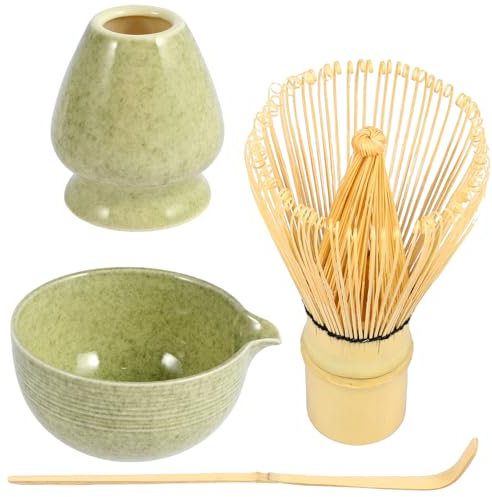4Pcs Matcha Whisk Set Matcha Tea Set with Whisk, Spoon, Whisk Holder, Ceramic Bowl with Pouring Spout Handmade Traditional Japanese Tea Starter Making Kit for Beginners and Enthusiasts