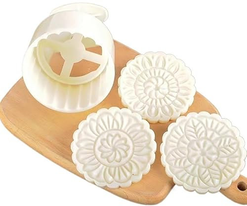 SFQEVHRZ Mooncake moulding machine， with 3 Pcs Cookie Stamps,Hand Pressure Flower Moon Cake Molds Cupcake Stamps Mould Flower Cookie Press for Baking DIY Cake Cookie Biscuit Dessert