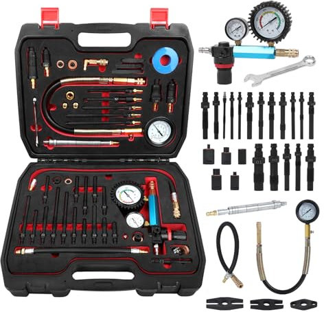 46-tlg Profi Kompressionstester Satz KFZ Druckverlustprüfer Motoren Prüfer kompatibel mit Diesel- und Benzinmotoren, Kompressionsprüfer mit Adapter für PKW, LKW, Motorräder