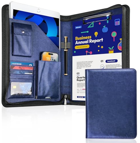WRIYES Zippered Padfolio Organizer, Blue, 10.2 Inch Portfolio Folder