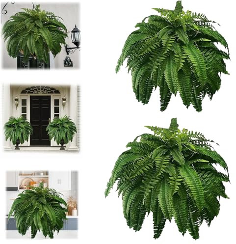 Paquete de 2 helechos de Boston artificiales resistentes a los rayos UV, nuevos helechos de Boston artificiales para exteriores, grandes helechos de Boston realistas para porche y ventana (21 hojas)