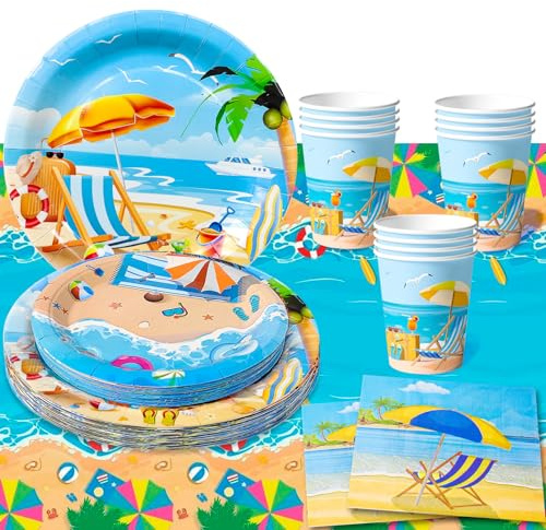 Forniture Estive per Feste in Spiaggia, 20 Ospiti Set per Feste in Mare Comprende Piatti di Carta a Tema Spiaggia, Bicchieri, Tovaglioli, Tovaglie Decorazioni per Feste di Compleanno in Mare