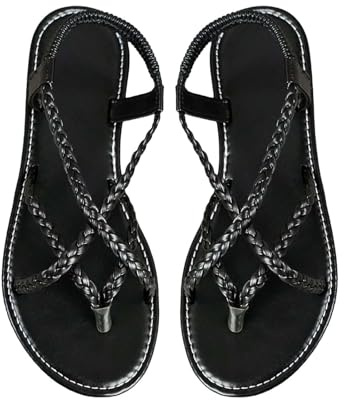 Sandalias de verano para mujer playa elegantes y cómodas planas sandalias de dedo ligeras antideslizantes sandalias de ocio sencillez sandalias de piel moda elegantes, Negro , 42 EU