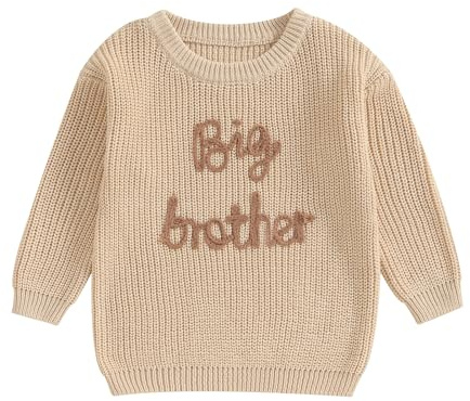 Geagodelia Big Brother Little Brother Outfits Big Brother Jumper Little Brother Jumper Spring Fall Winter Clothes (Khaki Big Brother, 12-18 Months)
