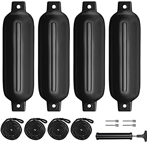 Bootsfender, 4-pack, 4,5 x 16, uppblåsbara, räfflade marina båtfender med fenderlinne, 150 cm nålar och pump