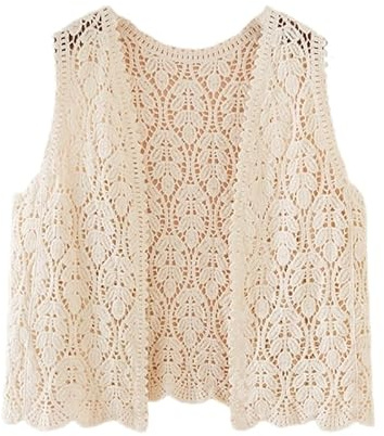 LCDIUDIU Chaleco De Crochet para Mujer, Verano, Blanco, Sin Mangas, Abierto, Delantero, Hueco, De Punto, con Hojas, Chaleco, Bohemio, Hippie, Chaleco Corto para Playa, Blusa Tipo Bolero, Top Beige