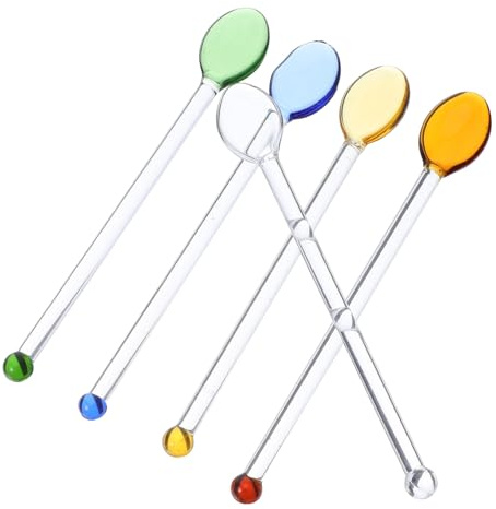DECOMELODY 5pcs Glass Stirring Spoons Long Handle Colored Coffee Mixing Dessert Cocktail Spoons Kitchen Glass Stir Sticks for Home and Cafe