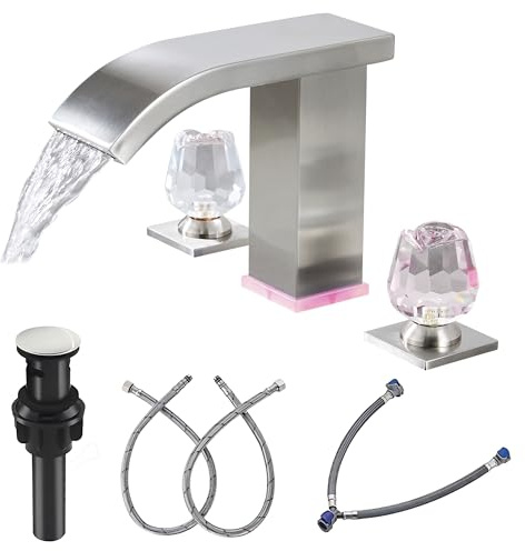 Bathroom Faucet 3 Hole Widespread with LED Temperature Display & Waterfall Spout, Brushed Nickel Modern Vanity Faucet for Bathroom Sink, 8 Inch Touch On 2 Handle Crystal(Brushed Nickel)