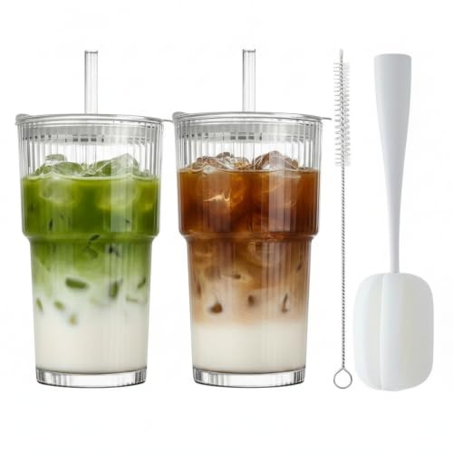 2 Pack 600ml Glass Iced Coffee Cup with Straw and Lid, Ribbed Glass Tumbler | Reusable Glass Cups with Leak-Proof Lids for Cocktail, Tea, Smoothie, Iced Latte, Matcha, Juices, Cold Drinks