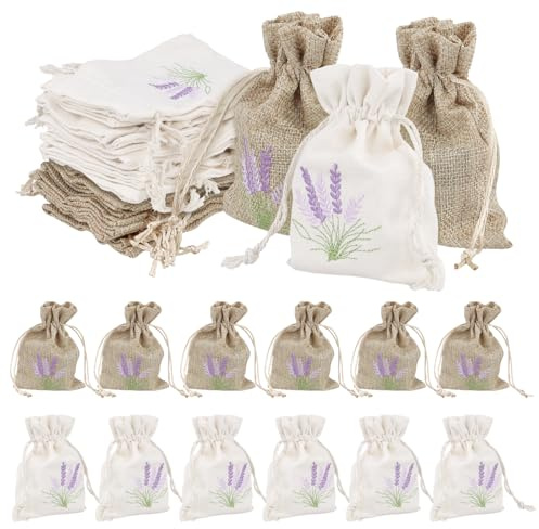 FUNSUEI 30 Bolsas Vacías para Lavanda 10x14 cm con Cordón - Bolsas de Lino y Algodón para Rellenar - Decoración Bodas, Especias, Hierbas y Regalos