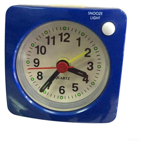 Pumixiy Reloj despertador de viaje de cuarzo silencioso sin tictac, cuadrado, mesita de noche, mini reloj con repetición y retroiluminación, para estudiantes y niños, relojes analógicos de mesa (azul)