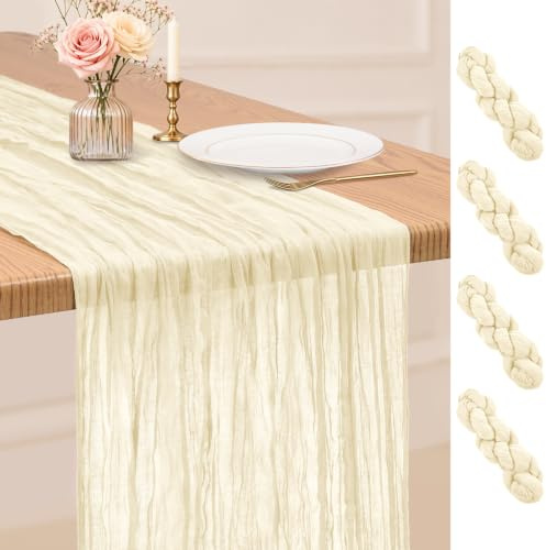 Paquet de 4 chemins de Table Ivoire 45 x 275 cm Chemin de Table en étamine chemins de Table en Gaze Boho chemins de Table rustiques en Tissu Transparent pour Table à Manger de fête de Mariage