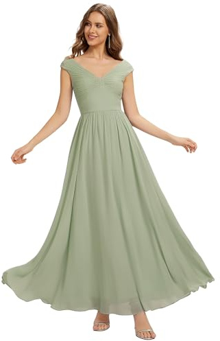 Ever-Pretty Abiti da Damigella Collo a V Senzamaniche Chiffon Maxi Gonna Svasata Menta Verde 46