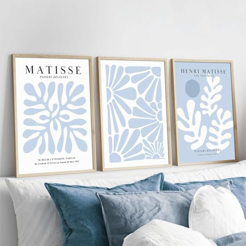 Xiyocadt 3er Poster Set,Blau Pflanzen Blumen Leinwand Bilder,Abstrakte Matisse Poster,Minimalistische Leinwanddrucke,für Wohnzimmer Schlafzimmer Bad Büro,Ohne Rahmen (40x50cm)