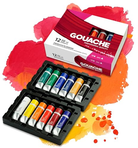Colori Gouache Professionali Set 12 x 20 ml Tubetti – Fine Art Guazzo Alta Pigmentazione con Finitura Opaca & Consistenza Cremosa | Set Gouache Colori Miscelabili per Illustrazione, Design e Pittura