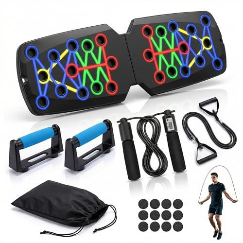 SGM 12-in-1 Push Up Board with Resistance Band & FREE Skipping Rope – Foldable Colour-Coded Muscle Training System, Portable Home Gym Equipment for Men & Women, Full Body Workout Set with Carry Bag