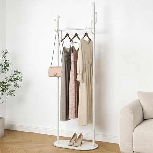 Garderobenständer Weiß, Kleiderständer, Garderobe mit 6 Haken, Metall | Freistehend Jackenständer mit Stabile Felsbasis, für Kleidung, Hut, Tasche, Passend für Eingangsbereich, Flur, Schlafzimmer