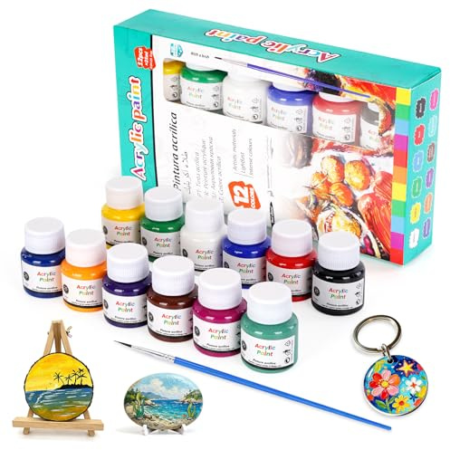 TOVIKI Pintura Acrílica 12 Colores 25ml para Manualidades | Alta cobertura, resistente al agua, con pincel, para lienzo, madera, piedra, cristal