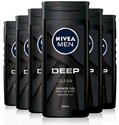 NIVEA MEN Deep Shower Gel Pack of 6 (6 x 250ml), Face, Hair & Body Wash Black Charcoal Shower Gel, 24H Deeply Cleansing and Invigorating Men's Shower Gel