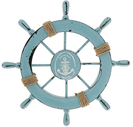 LIOOBO Timone decorativo da parete in legno con ancora, in legno, decorazione da parete, stile vintage, 28 cm (azzurro)