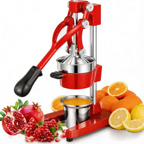 Gowintech Commercial Heavy Duty Cast Iron Hand Press Manual Orange Citrus Lemon Lime Grapefruit Pomegranate Fruit Juice Squeezer Machine with Stainless Steel Cup Red