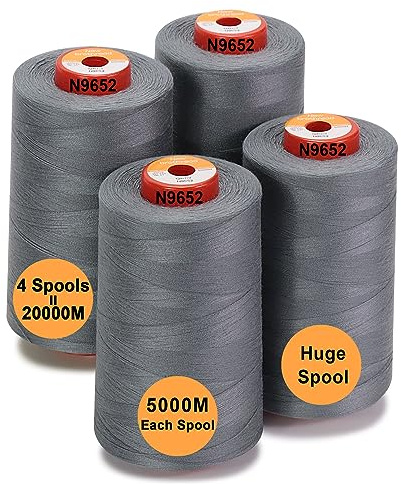 New brothread Sytråd i polyester med 28 alternativ, 4 stora konspolar på 5 000 m vardera, 40S/2 (Tex27) för sömnad, quiltning, bitning, serger och overlock - grå