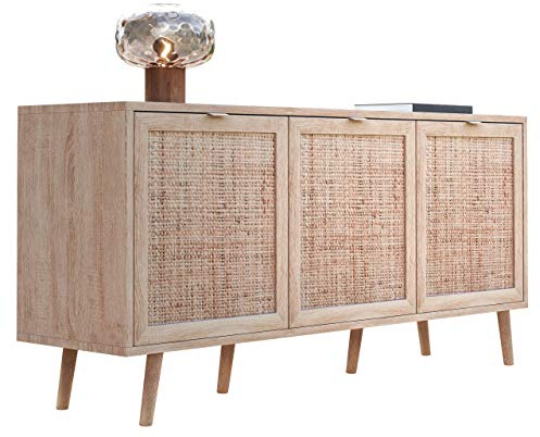 Newfurn Sideboard Sonoma Eiche Rattan Optik Kommode Modern Skandinavisch - 150x71x40 cm (BxHxT) - Highboard Anrichte Boho - Wohnzimmer Schlafzimmer Flur Esszimmer