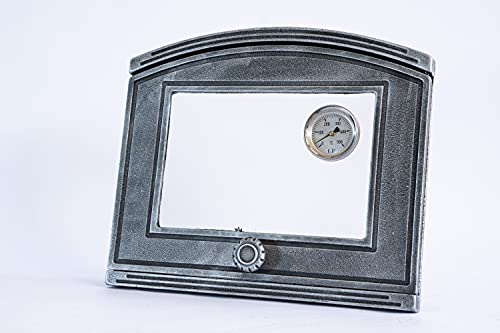 SEZAM Backofentür aus Gusseisen mit Thermometer 500 °C, hitzebeständige Glasscheibe, nach links öffnend, Pizzaofentür - Brotofen - Steinofentür, 37 x 6 x 31,5 cm - halbrund, altsilberfarbene Bemalung