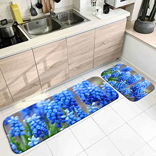 Bishilin Küchenteppich Set Waschbar, Küchenmatten Läufer rutschfest Blaue Hyazinthe Muster Teppich Läufer Flur 40x60CM+40x120CM