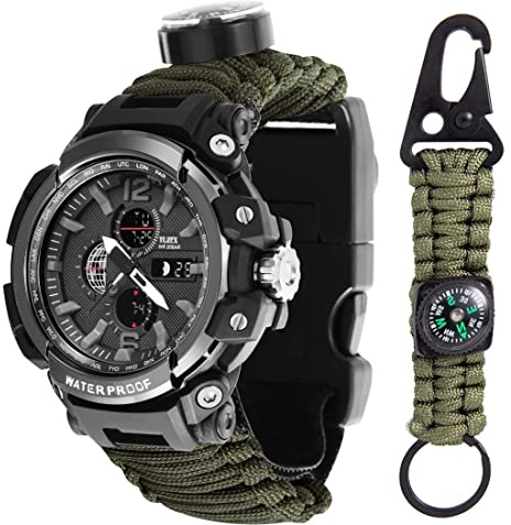 WLDOCA 50m wasserdichte Militäruhr Herren Outdoor Sportuhr LED Digital Armbanduhr Kompass Thermometer Quarzuhr mit Schlüsselanhänger