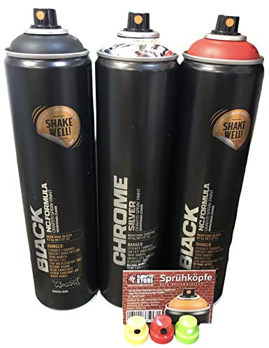 KLAMOTTEN STORE Sprühdosen 3x600ml Schwarz, Silberchrom, Rot/Farbspray sehr ergiebig mit 3 Esatzsprühköpfen für schnelles Arbeiten, kurze Trocknungszeit, hochdeckend, wetter- UV- beständig