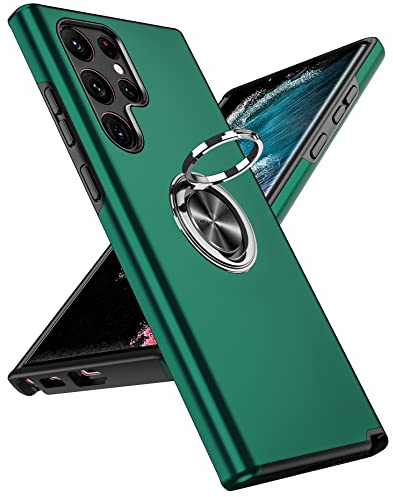 LeYi for Samsung Galaxy S22 Ultra Phone Case, Shockproof Protective Cover | Invisible Metal Ring Stand Holder Tough Shockproof Protective Phone Cover for S22Ultra - Green