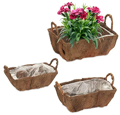 Relaxdays Blumenkasten mit Griffen, 3 versch. Größen, für Garten, Balkon & Fensterbank, Dekoblumentopf mit Folie, Natur | Balkon & Fensterbank, Dekoblumentopf mit Folie