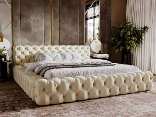 GRAINGOLD Palini Bett 180x200, Polsterbett mit Bettkasten, Polsterbett mit Stauraum, Samt, mit Lattenrost, mit Kopfteil, ohne Matratze (Beige, 180x200)